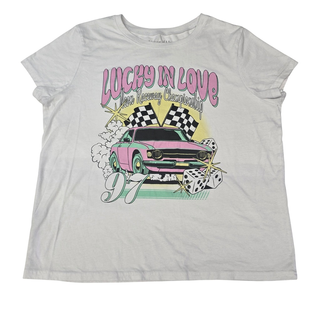 Wound Up Womens Lucky In Love Neon Raceway Graphic Tee White‎ XXL 19
